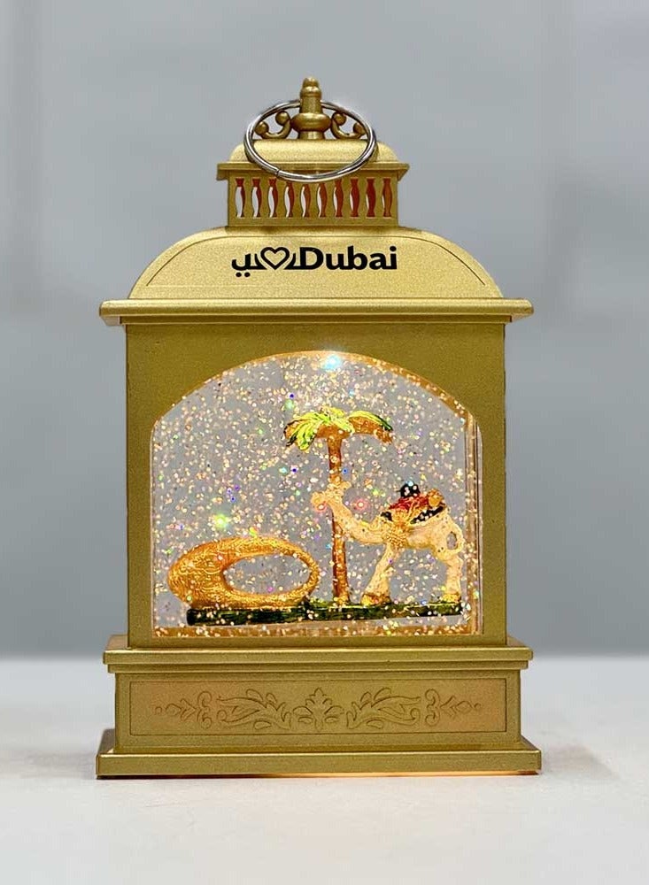فانوس رمضاني جميل مزين بالماء والبريق – ديكور تذكاري مضيء مع معالم دبي الشهيرة